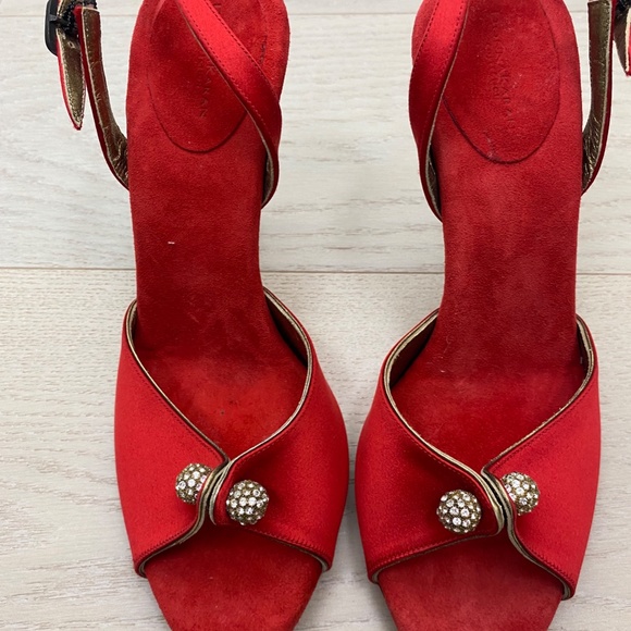 Donna Karan Red Satin Peep Toe Pumps slingback 8 4"heels - Picture 4 of 9